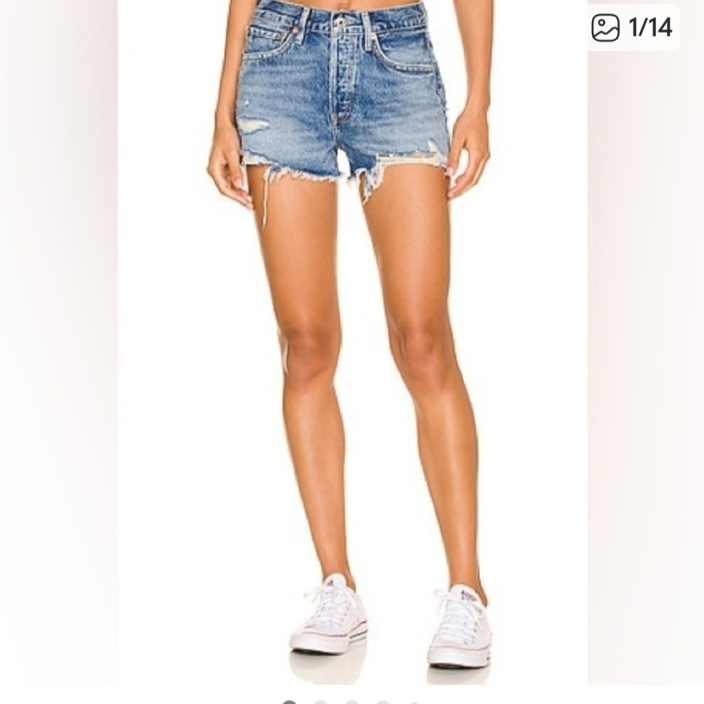 Agolde Parker Denim Distressed Shorts in Clutch Blue - Size 26